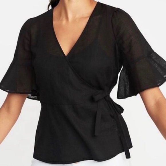Old Navy Tops - Old Navy Black Linen Bell Sleeve Wrap Blouse